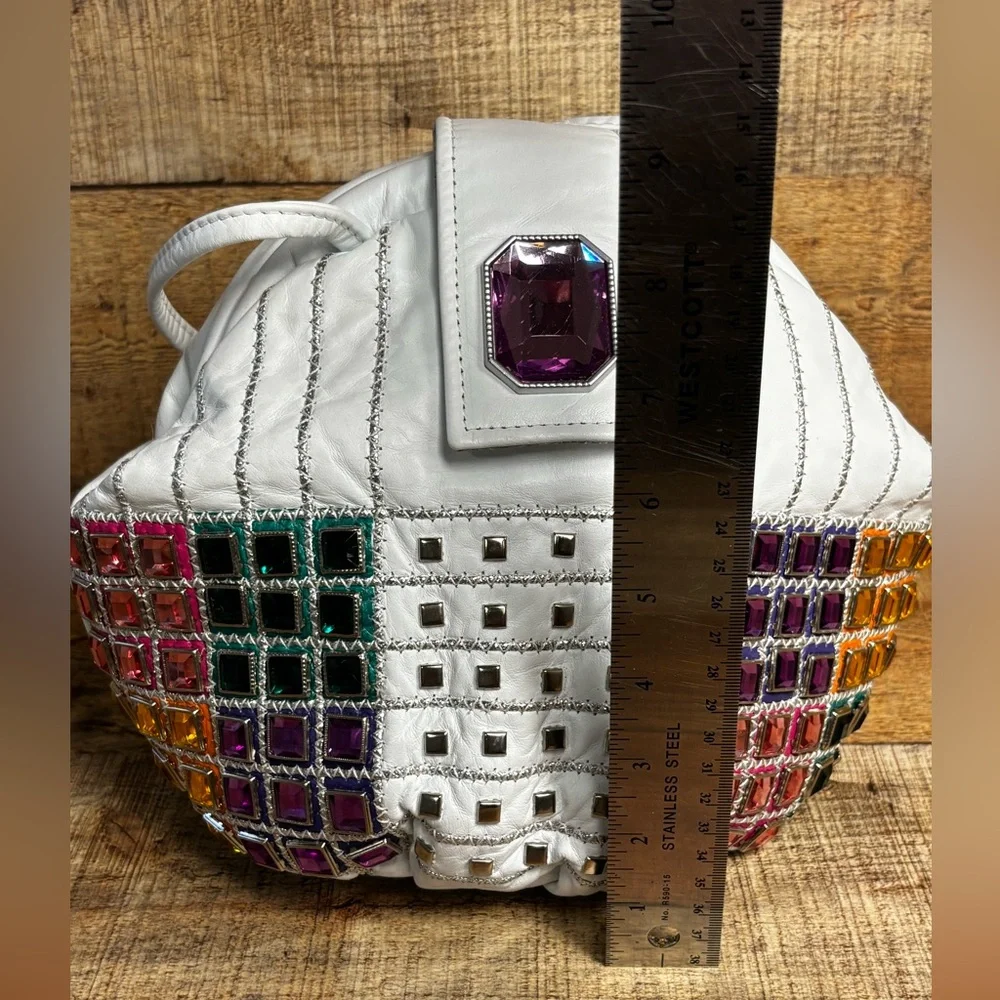 VTG Jeweled White Leather USA Purse 80s 90s Retro Colorful Bling Shoulder Bag - Picture 8 of 12